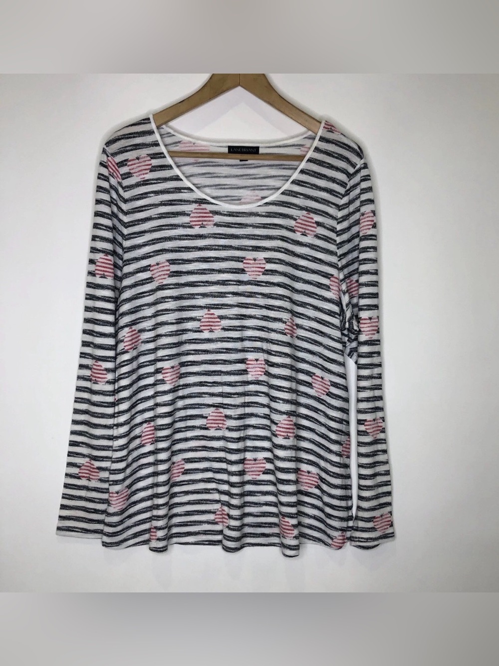 Lane Bryant White and Black Striped Long Sleeve Top with Pink Heart Accents